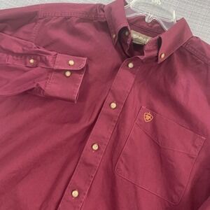 Ariat Mens Medium Western Button Up Shirt Maroon Twill Long Sleeve